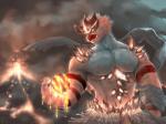 anthro biped black_body black_fur detailed_background fur grey_body grey_fur horn lava red_body red_fur solo spikes stripes yellow_sclera m7 nintendo pokemon generation_7_pokemon incineroar pokemon_(species) 2019