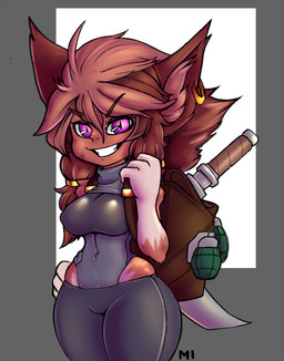 backpack breasts clothed clothing ear_piercing explosives female grenade looking_at_viewer navel piercing pupils purple_eyes shortstack shortstack_female slit_pupils smile solo weapon meloninu league_of_legends riot_games tencent fan_character fia_(plagueofgripes) humanoid yordle 2017