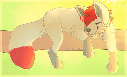 ambiguous_gender eyes_closed feral fur green_background grey_body grey_fur hair red_hair simple_background smile solo senimasan canid canine fox mammal 2015 digital_media_(artwork)