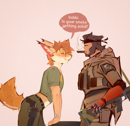 accessory anthro blush cigar cigar_in_mouth clothed clothing cybernetic_arm cybernetic_limb dialogue duo eye_patch eyewear fur gun hair headband holding_object male object_in_mouth prosthetic prosthetic_arm prosthetic_limb ranged_weapon scar shirt simple_background speech_bubble tail text topwear weapon yellow_body yellow_fur lazylynxboy konami metal_gear venom_snake felid feline human lynx mammal digital_media_(artwork) english_text