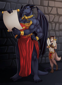 anthro bottomwear clothed clothing duo female fur hair horn loincloth male muscular muscular_female scroll standing tail wings dizzy_by_design mythology canid canine dragon mammal mythological_creature mythological_scalie scalie