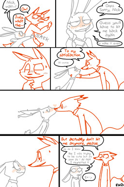 7_panel_comic anthro apology blush blush_lines bodily_fluids clothed clothing collared_shirt color_coded color_coded_speech_bubble color_coded_text drooling duo eye_contact eyebrows eyes_closed female fully_clothed half-closed_eyes hand_on_cheek hand_on_chin interspecies kiss_on_lips kissing larger_male looking_at_another male male/female narrowed_eyes onomatopoeia pivoted_ears raised_eyebrow romantic romantic_couple saliva shirt simple_background size_difference smaller_female smile sound_effects speech_bubble standing sweat tail text topwear white_background the_weaver disney zootopia judy_hopps nick_wilde canid canine fox lagomorph leporid mammal rabbit red_fox true_fox 2025 3:4 colored_line_art comic digital_drawing_(artwork) digital_media_(artwork) english_text hi_res