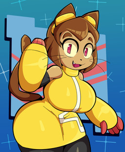 anthro arm_cannon big_breasts breasts brown_body brown_hair clothing eyebrows eyelashes eyewear eyewear_on_head fangs female goggles goggles_on_head hair looking_at_viewer magenta_eyes open_mouth open_smile smile solo teeth thick_thighs weapon_arm whiskers wide_hips someth1ngoranother gameoverse glitch_productions kit_bodega domestic_cat felid feline felis mammal 2026 absurd_res hi_res