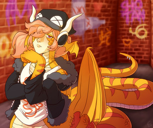 alley anthro apode bangs beanie clothed clothing countershading electronics fangs graffiti hair hat headgear headphones headwear horn jacket legless long_tail male orange_hair pupils red_eyes scales serpentine slit_pupils solo stripes tail teeth topwear wings wings_on_head yellow_body exoclipse yokai_love_you! shotan_(blargen69) draconcopode naga reptile scalie snake 6:5