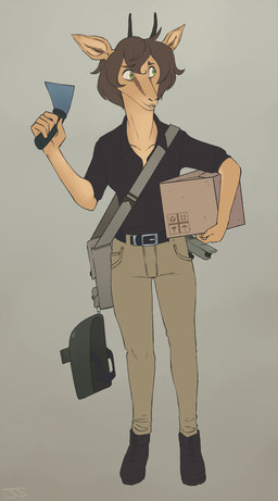 5_fingers anthro bag belt biped black_horn bottomwear box breasts brown_body brown_hair brown_markings cardboard cardboard_box clothed clothing collarbone collared_shirt container denim denim_bottomwear denim_clothing dress_shirt eye_markings eyebrows face_shield female fingers footwear front_view fully_clothed green_eyes grey_background hair holding_object holding_tool horn humanoid_hands jeans looking_aside looking_away markings mask medium_breasts package pants pockets shirt shoes short_hair simple_background smile snout solo standing tomboy tools topwear tote_bag welder welding_mask worker junosunderland amala_mishra antelope bovid chinkara gazelle mammal true_antelope true_gazelle 2017 digital_drawing_(artwork) digital_media_(artwork) full-length_portrait hi_res portrait