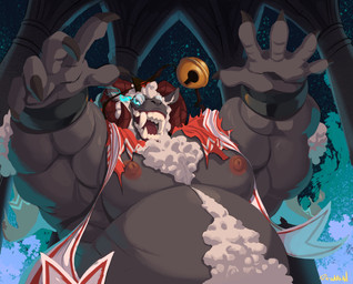 5_fingers anthro bell belly belly_tuft biped blue_eyes bovid_horn bracelet caprine_horn chest_tuft claws clothed clothing crown fangs fingers fur glistening glistening_eyes grey_body headgear horn jewelry jingle_bell male moobs musclegut muscular muscular_anthro muscular_male necklace night nipples open_mouth outside overweight overweight_anthro overweight_male ram_horn red_nipples sharp_teeth sheep_horns simple_background skimpy sky smile solo star teeth text tongue torn_clothing tuft wool_(fur) ritsukaxan cult_of_the_lamb massive_monster_(studio) bovid caprine mammal sheep 2025 absurd_res alternate_version_at_source artist_name colored digital_drawing_(artwork) digital_media_(artwork) english_text hi_res signature