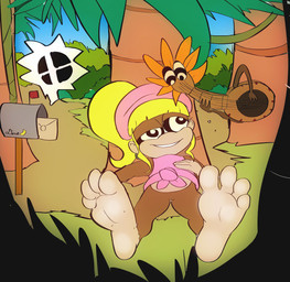 4_toes barefoot blonde_hair clothing duo feet female foot_focus forest hair hat headgear headwear hypnosis jungle logo long_hair lying mind_control musical_instrument on_back plant plantigrade ponytail smile soles toes tree vines zuneycat donkey_kong_(series) nintendo super_smash_bros. dixie_kong haplorhine mammal monkey primate hi_res