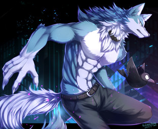 5_fingers abs ambiguous_gender anthro belt black_body blue_body blue_eyes blue_fur bottomwear clothed clothing collar duo fingers fluffy fluffy_tail fur gloves hair handwear male muscular muscular_male pants tail topless white_body white_fur ivan-jhang brand_new_animal studio_trigger shirou_ogami avian canid canine canis mammal wolf 2020 hi_res