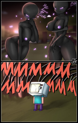 ambiguous_gender appliance big_breasts blush breasts clothing female flirting genitals glowing glowing_eyes glowing_genitalia glowing_vulva group hat headgear headwear humor kitchen_appliance larger_female microwave_oven navel nude one_eye_closed size_difference sunset vulva what wink jarnqk microsoft minecraft mojang xbox_game_studios enderman humanoid comic digital_media_(artwork) hi_res meme shaded