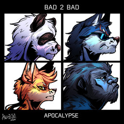 anthro black_body black_fur eyewear facial_scar fangs female fur grey_body grey_fur group male mouth_closed orange_body orange_fur scar side_view sunglasses teeth text white_body white_fur yellow_eyes angiejm bad_2_bad demon_days gorillaz beo_shepherd cong_woodman isabella_fox pan_colman ape bear canid canine canis domestic_dog fox giant_panda gorilla haplorhine mammal primate 1:1 artist_name headshot_portrait hi_res portrait