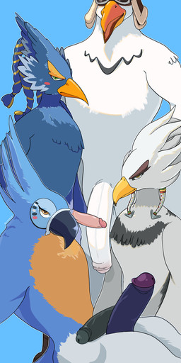 anthro aviator_cap aviator_goggles beak big_penis black_body black_feathers black_penis blue_background blue_body blue_feathers erection feathers genitals glans green_eyes group huge_penis jewelry makeup male male/male nude penis purple_penis simple_background size_difference tan_penis vein white_body white_feathers white_penis yellow_eyes yellow_feather fructosed breath_of_the_wild nintendo tears_of_the_kingdom the_legend_of_zelda kass_(tloz) penn_(tloz) revali teba_(tloz) avian rito 2026 absurd_res hi_res