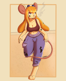 3_toes 5_fingers anthro barefoot big_breasts blonde_hair blue_eyes breasts cigarette cleavage clothed clothing dirty eyebrows eyelashes eyewear eyewear_on_head feet female fingers goggles goggles_on_head hair jumpsuit legwear long_hair long_tail makeup midriff mouse_tail navel oil paws shirt smoking solo standing tail toes topwear umine chip_'n_dale_rescue_rangers disney gadget_hackwrench mammal mouse murid murine rodent absurd_res hi_res