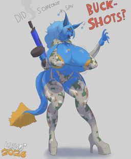 anthro big_breasts bimbo_anthro boots breasts clothing dialogue female footwear gun high_heeled_boots high_heels huge_breasts hyper legwear ranged_weapon shoes solo tail thigh_boots thigh_highs weapon luaky unknown_species absurd_res hi_res
