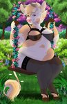 anthro barbell_piercing belly big_belly biped breasts brown_hooves detailed_background female fingers flower hooved_fingers hooves horn nipple_barbell nipple_piercing nipples outside piercing pink_nose plant red_eyes sitting slightly_chubby slightly_chubby_female solo swing goldiescales anthony_(goldiescales) bovid bovine cattle mammal 2021 absurd_res hi_res trans_(lore) trans_man_(lore)