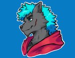 anthro blue_eyes blue_hair clothing dark_body dark_fur eyebrows fur glistening glistening_hair grey_body hair male markings red_clothing red_topwear smile solo topwear dynogreeno canid canine mammal hi_res