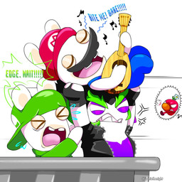 angry anthro backwards_hat black_clothing black_facial_hair black_hair black_handwear black_jacket black_mittens black_mustache black_topwear blue_clothing blue_eyes blue_overalls bodily_fluids buckteeth carrying_another clothed clothed_anthro clothed_female clothed_male clothing cross-popping_vein dialogue empty_eyes exclamation_point eyebrows eyes_closed facial_hair female female_anthro flower_on_head fur furrowed_brow furrowed_eyebrows green_clothing green_eyebrows green_hair green_hat green_headwear green_shirt green_topwear group hair handwear hat headgear headwear jacket lifting_another light long_ears lute male male_anthro mandolin mitten_hands mittens multicolored_hair musical_instrument musical_note musical_symbol mustache narrowed_eyes noseless offscreen_character open_clothing open_jacket open_mouth open_smile open_topwear overalls panicking pink_tongue playing_mandolin playing_music plucked_string_instrument purple_clothing purple_eyelids purple_shirt purple_topwear red_body red_clothing red_hat red_headwear red_skin sharp_teeth shirt shirtless_anthro shirtless_male short_hair simple_background singing smile snarling squint string_instrument sweat sweatdrop symbol tan_eyelids tan_inner_ear teeth text thick_eyebrows tongue topwear torn_clothing torn_shirt torn_topwear trio two_tone_hair white_background white_body white_fur yelling yelling_at_another jooniethenight mario_bros mario_plus_rabbids_kingdom_battle mario_plus_rabbids_sparks_of_hope nintendo raving_rabbids rayman_(series) ubisoft edge_(mario_plus_rabbids) rabbid_luigi rabbid_mario lagomorph mammal rabbid wiggler_(mario) 1:1 2023 artist_name colored crossover digital_drawing_(artwork) digital_media_(artwork) english_description english_text hi_res lighting shaded