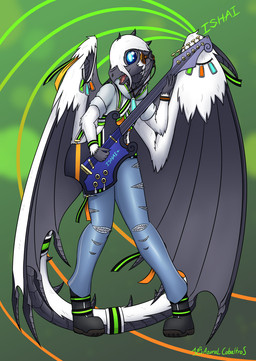 ambiguous_gender anthro blue_bottomwear blue_clothing blue_jeans blue_pants boots bottomwear clothed clothing denim denim_bottomwear denim_clothing earbuds electric_guitar electronics footwear fully_clothed guitar headphones jeans membrane_(anatomy) membranous_wings musical_instrument pants playing_guitar playing_music plucked_string_instrument shoes solo string_instrument tail wings azural_cobaltros mythology ishai dragon mythological_creature mythological_scalie scalie hi_res