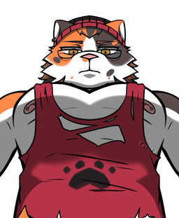 abs anthro beanie belly big_chest black_clothing black_hat black_headwear clothing ear_piercing ear_ring eyebrows eyewear first_person_view fur glasses grey_body grey_ears grey_eyebrows grey_fur hair hat headgear headwear long_hair looking_at_viewer looking_down looking_down_at_viewer low-angle_view male markings multicolored_body multicolored_fur multicolored_hair muscular muscular_anthro muscular_arms muscular_male nipple_piercing nipples orange_body orange_ears orange_eyebrows orange_fur pecs piercing pink_nipples pink_nose red_clothing red_hat red_headwear red_shirt red_tank_top red_topwear ring_piercing serious_face shirt simple_background solo spots spotted_body spotted_fur tank_top topwear torn_clothing torn_tank_top torn_topwear wearing_glasses white_background white_belly white_body white_chest white_fur white_inner_ear yellow_eyes arvo_(artist) nekoaki_mifuji calico_cat domestic_cat felid feline felis mammal 2026 digital_drawing_(artwork) digital_media_(artwork)