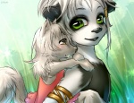 abstract_background amber_eyes anthro black_nose clothing dress duo female green_eyes hair jewelry looking_at_viewer male open_mouth short_hair simple_background smile white_hair young young_anthro katiramoon bear canid canine canis giant_panda mammal wolf 2009