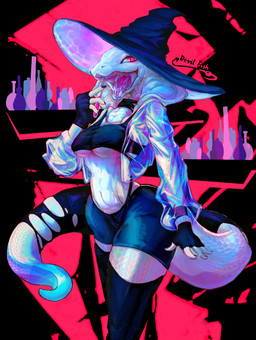abstract_background albino anthro big_breasts big_tail black_clothing black_legwear black_stockings breasts clothed clothing fangs female front_view fully_clothed furgonomics hat headgear headwear legwear logo long_tail looking_at_viewer non-mammal_breasts pink_eyes pupils scales slit_pupils smile smiling_at_viewer solo stockings tail tail_clothing tail_stocking tapering_tail teeth text thick_tail torn_clothing under_boob vial white_body white_scales wizard_hat devilfish_(artist) legged_snake reptile scalie snake 2023 absurd_res artist_logo artist_name hi_res portrait three-quarter_portrait