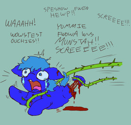 ambiguous_feral ambiguous_gender baby_talk blood blood_from_wound blood_puddle blue_body blue_eyes blue_fur blue_hair blue_tail bodily_fluids crying dialogue dismemberment duo feral fur gore green_background hair motion_lines mutilation open_mouth pain pained_expression plant quadruped restrained scared screaming severed_body_part severed_leg severed_limb simple_background solo_focus struggling tail tears teeth text thorns tongue vines wounded young young_ambiguous young_feral edgysketties fluffy_pony elemental_creature flora_fauna fluffy_pony_(species) mammal 2024 digital_media_(artwork) english_description english_text hi_res