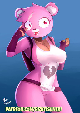 backpack belt big_breasts breasts broken_heart brown_body brown_skin clothed clothing costume dark_body dark_skin eyelashes female for_a_head fur gloves handwear pink_clothing pink_eyes solo text thick_thighs miiyauwu epic_games fortnite cuddle_team_leader animal_head animal_humanoid bear humanoid mammal mammal_humanoid ursid_humanoid 2018 signature url
