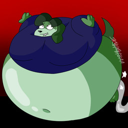 ambiguous_penetration anthro blue_clothing blue_dress clothing dress female gradient_background green_body hose hose_inflation inflation navel penetration purple_clothing purple_dress simple_background solo spherical_inflation skyhighbaa movieunleashers no_name canid canine canis domestic_dog mammal 1:1