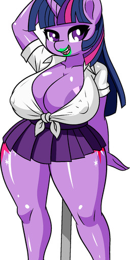 anthro areola areola_slip big_breasts black_clothing black_footwear black_high_heels bottomwear breasts cleavage clothed clothed_anthro clothed_female clothing cutie_mark female footwear glistening glistening_body glistening_breasts glistening_legs green_lipstick hair high_heels horn huge_breasts lipstick long_hair looking_at_viewer makeup miniskirt nipple_outline open_mouth open_smile pleated_skirt pole purple_body purple_bottomwear purple_clothing purple_eyes purple_skirt shirt shoes simple_background skirt smile solo stripper_pole thick_thighs tied_shirt topwear white_background wide_hips wallyroo friendship_is_magic hasbro my_little_pony mythology twilight_sparkle_(mlp) equid equine mammal mythological_creature mythological_equine unicorn 2025 absurd_res hi_res