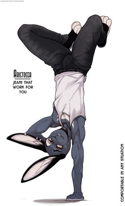 anthro athletic athletic_anthro athletic_male bottomwear bulge clothing denim denim_bottomwear denim_clothing ear_piercing ear_ring feet handstand happy jeans male pants paws piercing ring_piercing shirt sleeveless_shirt slim smile solo tank_top text topwear tucked_shirt upside_down vein whiskers spiritd sergei_(spiritd) hare lagomorph leporid mammal rabbit english_text hi_res