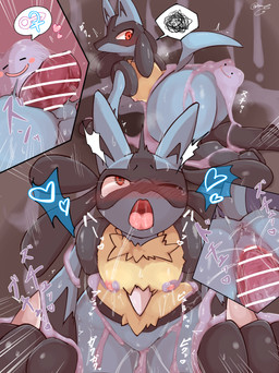 anthro anus areola blue_body blush breasts female genitals male male/female nude penetration red_eyes sex thick_thighs vaginal vaginal_penetration vulva hitsuji_cookie nintendo pokemon canid canine ditto_(pokemon) generation_1_pokemon generation_4_pokemon goo_creature lucario mammal pokemon_(species) absurd_res censored comic hi_res