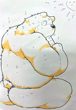 anthro belly big_belly bodily_fluids butt eating kemono male overweight overweight_male sitting solo sun sweat suishou0602 bear mammal 2022 hi_res