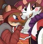 anthro blue_eyes blush breasts brown_hair clothing dress duo eyelashes female female/female frown grey_background groufie hair jewelry necklace pink_nose selfie sharp_teeth simple_background smile teeth yellow_eyes kl0ndike armello league_of_geeks griotte_(armello) zosha_(armello) mammal murid murine rat rodent hi_res