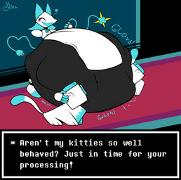 abdominal_bulge ambiguous_gender ambiguous_prey anthro belly big_belly black_body blue_body blue_fur bottomwear clothing eyes_closed female feral floating_hands fur heart_symbol huge_belly hyper hyper_belly loincloth multicolored_body onomatopoeia rumbling_stomach smile solo sound_effects struggling struggling_prey tail talking_to_prey text vore whip white_body hatty_ya_ku deltarune undertale_(series) tasque_manager felid feline mammal robot_anthro tasque 2022 absurd_res english_text hi_res
