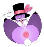 anthro anus anus_focus bedroom_eyes bottomless breasts buckteeth butt butt_focus clothed clothing costume detailed_anus dress_shirt female fishnet_clothing fishnet_legwear genitals hat headgear headwear heart_symbol legwear narrowed_eyes nipple_outline open_mouth presenting presenting_anus presenting_pussy purple_body pussy queen_of_spades_symbol seductive shirt solo spade_tattoo spades_(suit) spread_legs spreading suit_symbol tattoo teeth text top_hat topwear ota_(artist) beth_bunny_(ota) lagomorph leporid mammal rabbit 2021 english_text hi_res