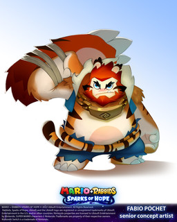 3_toes anthro arm_tuft beard black_eyebrows blue_background blue_bottomwear blue_clothing blue_eyes blue_shorts blue_topwear blue_vest bottomwear chain_necklace claw_toes claws clothing copyright_symbol elbow_tuft eyebrows facial_hair fangs feet fur fur_trim_(clothing) furrowed_eyebrows gauntlets_(weapon) gradient_background hair hand_pawpads jewelry light long_ears long_tail looking_at_viewer male mitten_hands multicolored_body multicolored_fur multicolored_tail necklace noseless orange_beard orange_body orange_facial_hair orange_fur orange_hair orange_tail pawpads short_hair shorts shoulder_tuft simple_background solo standing symbol tail tail_around_waist tan_inner_ear tan_pawpads teeth text thick_eyebrows title toes topwear torn_bottomwear torn_clothing torn_shorts tuft vest white_body white_claws white_fur year alice_pisoni fabio_pochet mario_bros mario_plus_rabbids_sparks_of_hope nintendo raving_rabbids rayman_(series) ubisoft wildclaw_(mario_plus_rabbids) felid hybrid lagomorph mammal pantherine rabbid tiger 2022 4:5 absurd_res artist_collaboration artist_name colored concept_art crossover digital_drawing_(artwork) digital_media_(artwork) english_description english_text full-length_portrait hi_res lighting official_art portrait shaded