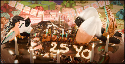 animal_genitalia animal_penis anthro balls birthday black_border bodily_fluids border candle candy canine_genitalia canine_penis chocolate cum cum_drip cum_on_penis dessert dripping food fur genital_fluids genitals hair knot looking_at_viewer looking_pleasured male messy nude penis pose simple_background smile solo syrup syrup_on_body tail text lill_esp lill_espion canid canine mammal rexouium 3d_(artwork) absurd_res blender_(artwork) digital_media_(artwork) hi_res pinup