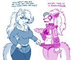 2021 animatronic anthro biped bottomwear breasts canid canine canis clothing collar dialogue digital_media_(artwork) duo ear_piercing ear_ring english_text eyewear female female/female fenrir_lunaris five_nights_at_freddy's five_nights_at_freddy's:_security_breach flirting food glasses hand_in_pants harassment humor lassie_lunaris looking_away machine mammal neck_tuft piercing pizza ring_piercing robot roxanne_wolf scottgames shorts simple_background smile steel_wool_studios text tuft white_background wide_eyed wolf