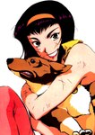 duo female green_eyes hug lipstick looking_at_viewer makeup male orange_hairband simple_background smile white_background cowboy_bebop ein_(cowboy_bebop) faye_valentine canid canine canis domestic_dog herding_dog human mammal pastoral_dog welsh_corgi hi_res official_art