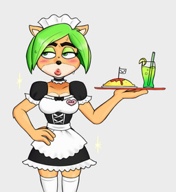 anthro beverage blush bodily_fluids breasts cleavage clothed clothing embarrassed female green_hair hair hand_on_hip holding_tray legwear lipstick maid_uniform makeup omurice_(food) red_lipstick serving_tray soda solo sweat thigh_highs uniform waiter cinnachurroz activision crash_bandicoot_(series) ami_bandicoot bandicoot mammal marsupial hi_res