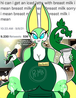 anthro apron apron_only areola big_breasts blue_eyes bodily_fluids breasts clothing container cup dialogue_box female green_areola green_nipples heart_symbol holding_container holding_cup holding_marker holding_object holding_pen huge_breasts lactating looking_at_viewer marker milk mostly_nude multicolored_body name_tag nipples open_mouth pen solo text two_tone_body lewdchuu i_mean_breast_milk nintendo pokemon june_greenfield generation_5_pokemon pokemon_(species) serperior english_text hi_res meme