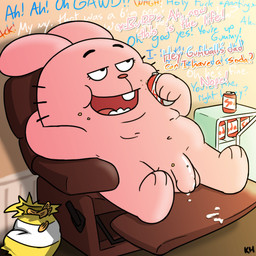 after_orgasm anthro appliance armchair arms_bent asking asking_another balls beverage big_balls big_ears big_mouth_(anatomy) big_penis biped black_eyebrows black_eyes black_whiskers blue_text brown_floor buckteeth burping can chair container crumbs crumbs_on_face crumbs_on_penis cuckold cum_on_armchair cum_on_chair cum_on_furniture curved_eyebrows detailed_background dialogue ellipsis eye_roll eyebrows feet floor floppy_ears fridge fur furniture genitals glistening glistening_genitalia glistening_penis half-erect hand_behind_head holding_can holding_container holding_object huge_ears humanoid_genitalia humanoid_penis inside internal_wall iris kitchen_appliance light_body light_fur lounging male mature_anthro mature_male minifridge moan monotone_balls monotone_body monotone_fur monotone_genitals monotone_penis moobs multicolored_text name_drop name_in_dialogue navel no_pupils nude nude_anthro nude_male obese obese_anthro obese_male offscreen_character offscreen_sex on_armchair open_mouth open_smile overweight overweight_anthro overweight_male paws penis pink_balls pink_body pink_ears pink_fur pink_text pink_tongue plantigrade profanity question red_nose red_text relaxing shadow smile solo sound_effects talking_to_another tan_wall teeth term_of_endearment text text_on_can text_on_container thick_penis three-quarter_view tongue wall_(structure) whiskers white_sclera white_text yes-no_question kingheron cartoon_network the_amazing_world_of_gumball richard_watterson lagomorph leporid mammal rabbit 1:1 2026 digital_drawing_(artwork) digital_media_(artwork) english_description english_text signature