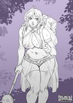 adventure backpack belly bodily_fluids breasts exposed fantasy female mace melee_weapon sweat weapon lazydez elf humanoid chub_(disambiguation) sketch