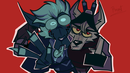 anthro blush bodily_fluids claws clothed clothing duo finger_claws gesture hand_gesture holding_object holding_weapon looking_at_viewer male male/male middle_finger pointing pointing_at_another saliva simple_background tongue tongue_out weapon pinumontbalou epic_games fortnite cerberus_(fortnite) wendell_(fortnite) canid canine canis demon mammal wolf hi_res