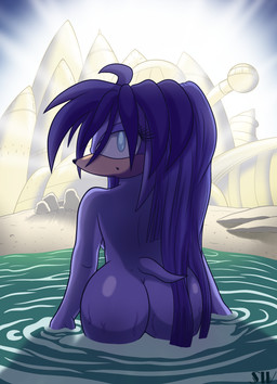 anthro beach big_butt biped black_nose blue_body blue_hair butt city countershade_face countershading female hair long_hair looking_at_viewer looking_back looking_back_at_viewer nude partially_submerged rear_view short_tail skinny_dipping solo standing_in_water tail tan_body tan_countershading shadowwalk archie_comics sega sonic_the_hedgehog_(archie) sonic_the_hedgehog_(comics) sonic_the_hedgehog_(series) gala-na echidna mammal monotreme 2026 absurd_res hi_res