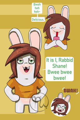 anthro arms_bent blush blush_lines bottomless bottomless_anthro bottomless_male brown_hair buckteeth clothed clothed_anthro clothed_male clothing container cup derp_eyes dialogue drinking drinking_straw eyelashes eyes_closed featureless_crotch featureless_legs fur green_eyes hair hands_on_own_hips holding_container holding_cup holding_object laugh lidded_eyes light logo long_ears looking_at_viewer male male_anthro medium_hair mitten_hands multicolored_body no_eyebrows no_pupils noseless orange_background orange_clothing orange_shirt orange_t-shirt orange_topwear red_tongue shirt simple_background smile smiling_at_viewer solo speech_bubble standing t-shirt talking_to_viewer tan_body tan_inner_ear tan_skin teeth text tongue topwear two_tone_body white_body white_fur yelling yelling_at_viewer skywater raving_rabbids rayman_(series) ubisoft fan_character rabbid_shane lagomorph mammal rabbid 2026 2:3 absurd_res adobe_photoshop_(artwork) artist_logo colored digital_drawing_(artwork) digital_media_(artwork) english_description english_text hi_res lighting multiple_images shaded
