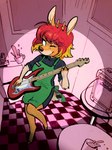 2019 3:4 absurd_res anthro antlers apron biped blonde_hair checkered checkered_floor clothed clothing container cup deer electric_guitar eyelashes feet female fingers fur green_apron green_clothing guitar hair hi_res hooved_fingers hooves horn mammal mug musical_instrument name_tag one_eye_closed orange_body orange_fur painting_(artwork) plucked_string_instrument red_hair remy_boydell solo splash string_instrument traditional_media_(artwork) velvet_(velvetomo) wink