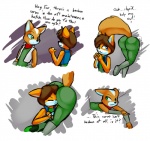 anthro big_butt blue_eyes bottomwear brown_hair butt clothing duo fluffy fluffy_tail fur green_eyes hair humor jacket kerchief male male/male mischievous orange_body orange_fur pants shirt smile stuck tail text through_wall topwear tricked norithics nintendo star_fox fox_mccloud rik_mccloud canid canine fox mammal comic digital_media_(artwork) english_text