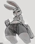 2024 absurd_res anthro artist_name athletic_wear bedroom_eyes beverage bodily_fluids bottomwear bra breasts camel_toe clothed clothing disney eyebrows eyelashes female fully_clothed genital_outline genitals half-closed_eyes hi_res holding_beverage holding_object holding_towel judy_hopps lagomorph leporid mammal midriff monochrome narrowed_eyes navel noctoc open_mouth open_smile plump_camel_toe plump_labia pussy pussy_outline rabbit seductive shorts simple_background small_breasts smile solo sports_bra standing sweat thong_straps tight_clothing towel underwear white_background zootopia