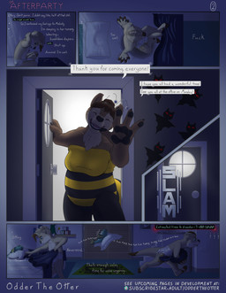 anxiety bedwetting bodily_fluids clothing costume diaper duo female genital_fluids male male/female profanity text urine watersports wetting oddertheotter melody_(oddertheotter) arthropod bear bee hymenopteran insect mammal mustelid otter absurd_res comic english_text hi_res