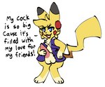 anthro clothing electronics fluffy genitals hand_on_penis headphones male penis solo text topwear vest jitterclaws nintendo pokemon pikku generation_1_pokemon pikachu pokemon_(species) english_text